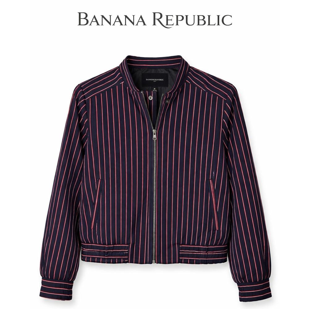 Banana Republic Striped Bomber Jacket Navy Cropped Zip Up Red White Blue